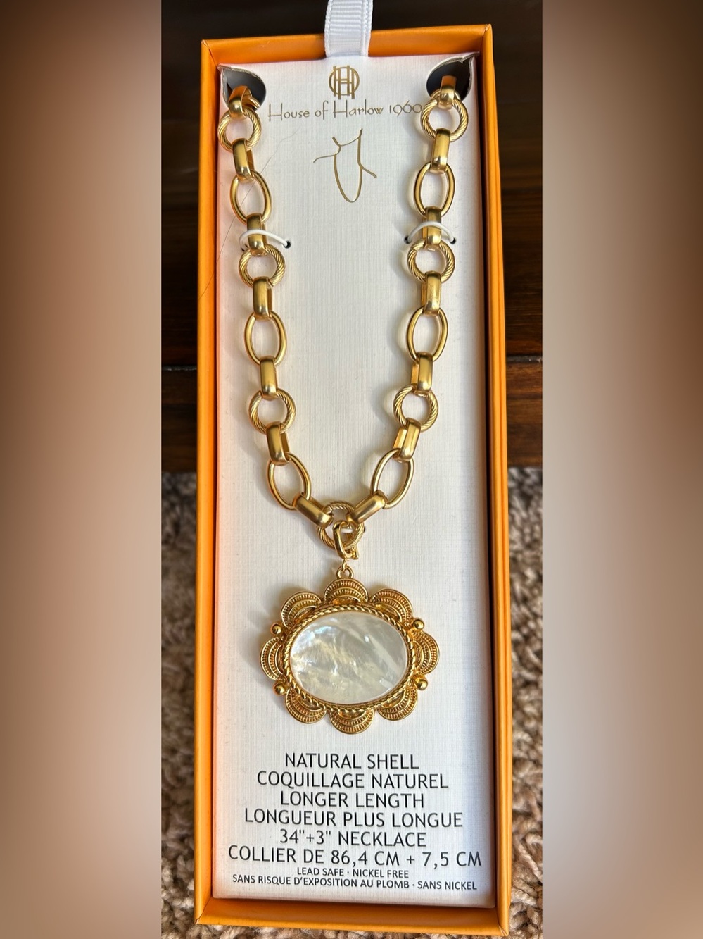 House of Harlow 1960 Gold Link Necklace with Natural Shell Medallion